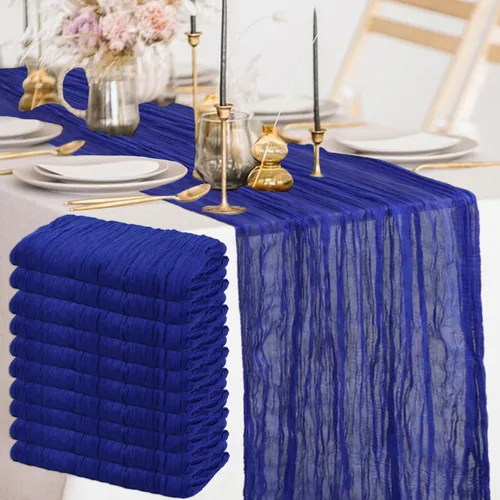Miniatura 14 de FANPROMS Camino de mesa de gasa estilo cheesecloth azul rústico de 10 pies, tela de gasa para mesas de granja, ropa de mesa para mesas bohemias