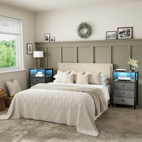 Miniatura 41 de BOLUO Mesita de noche blanca con estación de carga, mesa de noche LED con 2 cajones de tela, mesa auxiliar con puertos USB y tomas de corriente