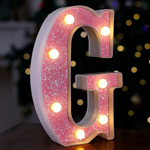 Miniatura 27 de Letras con luces LED, letras de marquesina con brillantina rosa, letras del alfabeto, letreros iluminados por pilas, para decoración de fiestas