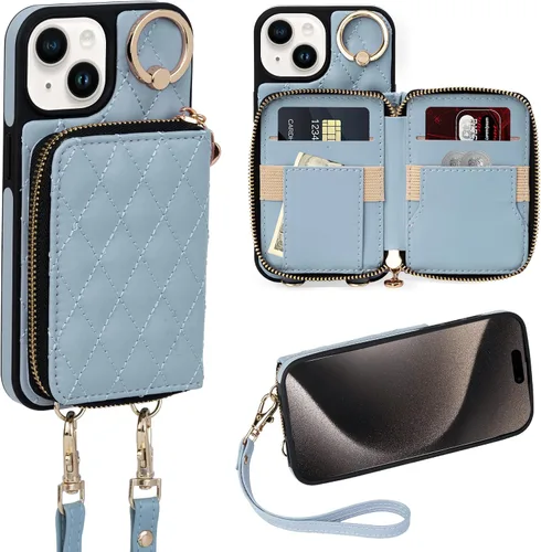 Miniatura 60 de Funda tipo cartera para iPhone 15 de 6.1 pulgadas, bolso cruzado con cremallera y correa para la muñeca con cordón para mujer, tarjetero con bloqueo