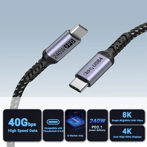Miniatura 2 de Paquete de 2 cables USB 4 de 1 pie, cable USB C a USB C de 240 W, transferencia de datos de alta velocidad de 40 Gbps y salida de video de pantalla