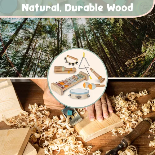 Miniatura 4 de Stoie's Instrumentos musicales de madera para niños pequeños con xilófono, maracas, triángulo, pandereta para bebés y niños, juguete educativo
