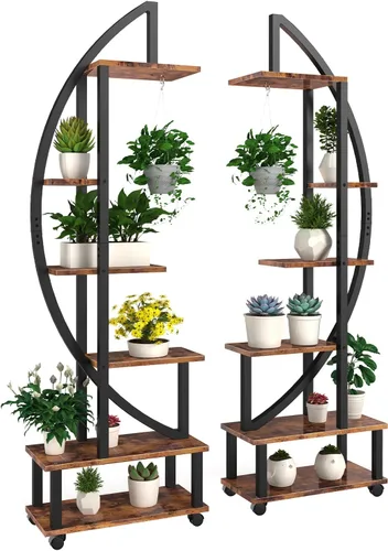 Miniatura 9 de 2 soportes de metal de 6 niveles altos para plantas de interior con ruedas desmontables, soporte para plantas para espacios exteriores con lazo