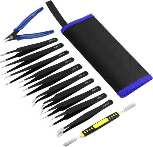 Miniatura 8 de Ainiv Juego de pinzas de precisión, 11 piezas de pinzas ESD antiestáticas con 1 cortador de alambre micro para modelado, reparación electrónica, 12