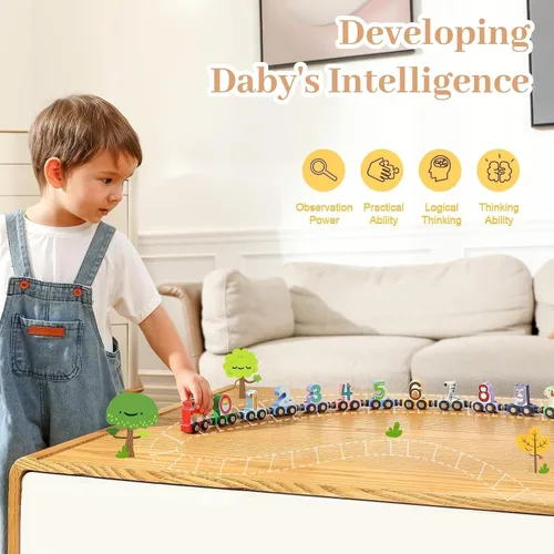 Miniatura 8 de Juguetes para niños pequeños, juego de pista de tren magnético de madera de 12 piezas con diseños de animales y digitales, juguete educativo