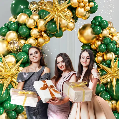 Miniatura 5 de FOTIOMRG Kit de arco de globos verdes y dorados con 3 globos de estrella, globos verde oscuro verde oscuro de bosque esmeralda, globos metálicos