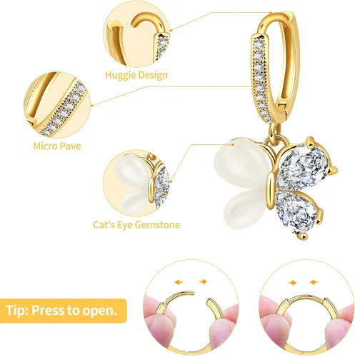 Miniatura 2 de Butterfly Hoop Earrings, Cat's Eye Gemstone Huggie Earrings for Teen Girls, 14k Gold Plated Dangle Earrings for Women
