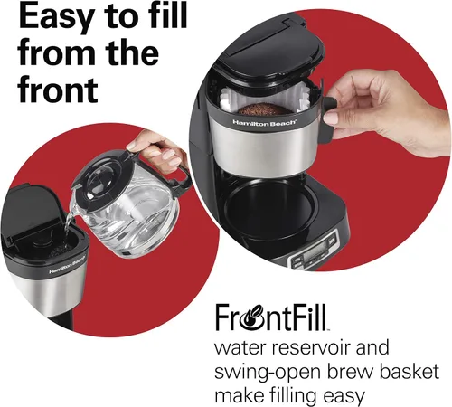 Miniatura 3 de Hamilton Beach Cafetera de goteo de 5 tazas con cesta de llenado frontal fácil, diseño compacto, reloj programable, jarra de vidrio, pausa