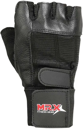 Miniatura 2 de MRX BOXING & FITNESS Guante de cuero para levantamiento de pesas con correa de muñeca larga para entrenamiento de gimnasio negro