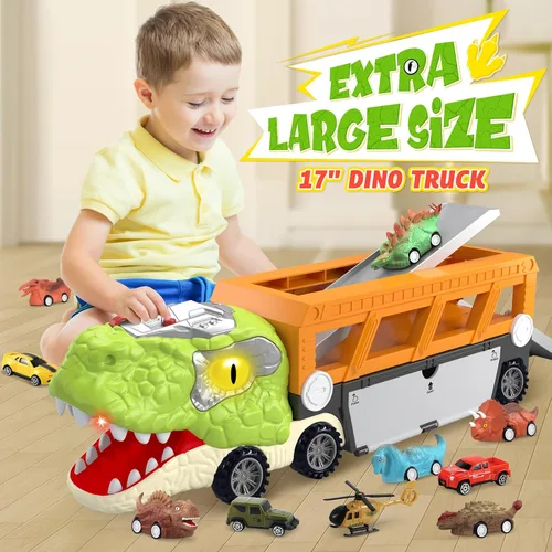 Miniatura 7 de SpringFlower Juguetes de dinosaurio 11 en 1, juguetes de dinosaurio para niños de 3 a 5 años, camión de dinosaurios con 10 autos de tracción hacia