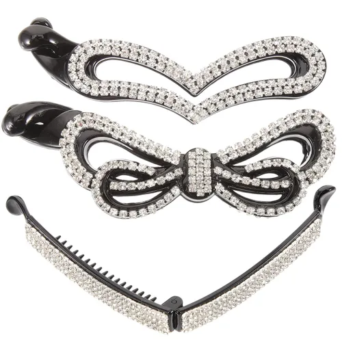 Miniatura 6 de Beaupretty Pinza grande de pelo de plátano con diamantes de imitación, 3 piezas, pinza de pelo dentada, soporte de cola de caballo de fuerte