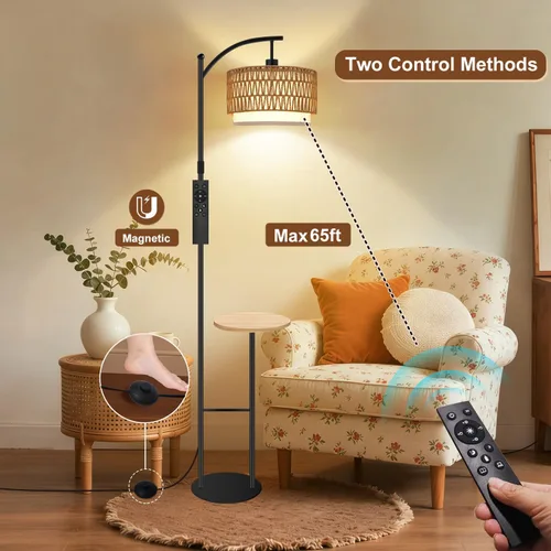 Miniatura 4 de Lámpara de pie de arco con mesa, lámparas de pie de ratán boho para sala de estar con control remoto regulable 3 temperaturas de color, lámpara