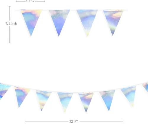 Miniatura 2 de Decoración de fiesta iridiscente de 33 pies, tela holográfica, banderín triangular, banderín de algodón, guirnalda de banderines para cumpleaños