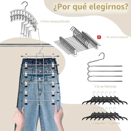 Miniatura 3 de Perchas para pantalones con clips, organizador de armario colgante de ahorro de espacio de 6 niveles, perchas para faldas con gancho giratorio