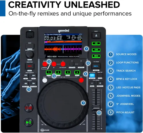 Miniatura 7 de Gemini Sound MDJ-600: Reproductor de medios DJ profesional CD y USB con pantalla de 4.3", ruedas de selección táctiles capacitivas, controlador MIDI