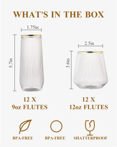 Miniatura 3 de BESTSTAR 24 Pack Plastic Ribbed Origami Ripple Plastic Glasses Set - 12 9 OZ Stemless Champagne Flutes & 12 12OZ Cups, BPA-Free Shatterproof Clear
