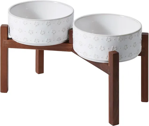 Miniatura 19 de Havniva Cuenco elevado de cerámica para perros de 6.1 pulgadas con soporte antideslizante (madera de acacia), dos opciones de altura, cuenco