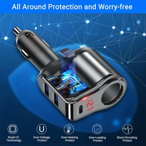Miniatura 8 de Adaptador de cargador de coche PD USB C de 200 W: divisor de enchufe de encendedor de cigarrillos de 12 V Enchufe de CC de 12 voltios Toma