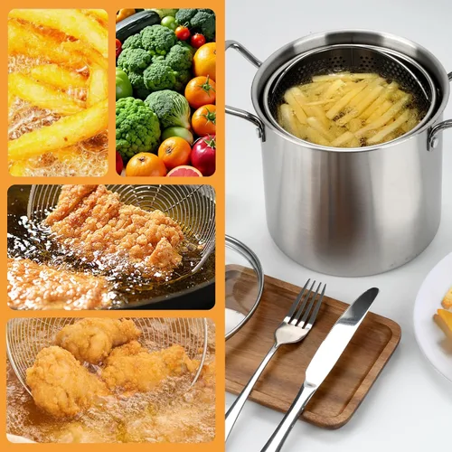 Miniatura 5 de Olla freidora profunda de 3.5L con desagüe para goteo de aceite, olla freidora de acero inoxidable con tapa y cesta, olla para freír en profundidad