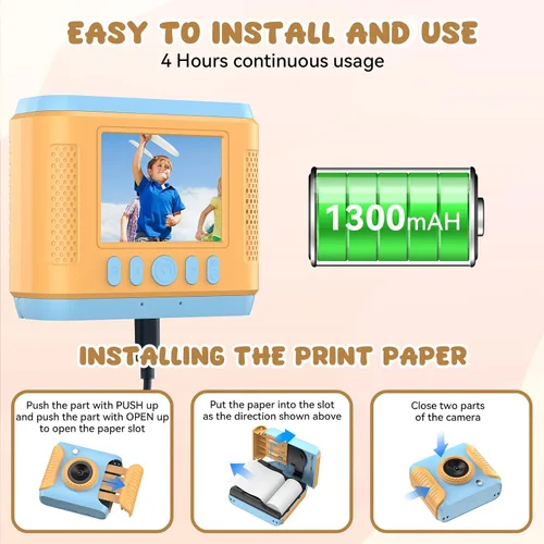 Miniatura 4 de Cámara de impresión instantánea para niños, regalos de cumpleaños de Navidad para niñas y niños, cámara digital de video HD 1080P para niños