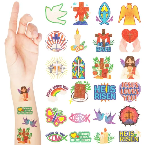 Landhoow 240 tatuajes religiosos cristianos temporales para niños, tatuajes faciales con brillantina, calcomanías para el cuerpo, accesorio de
