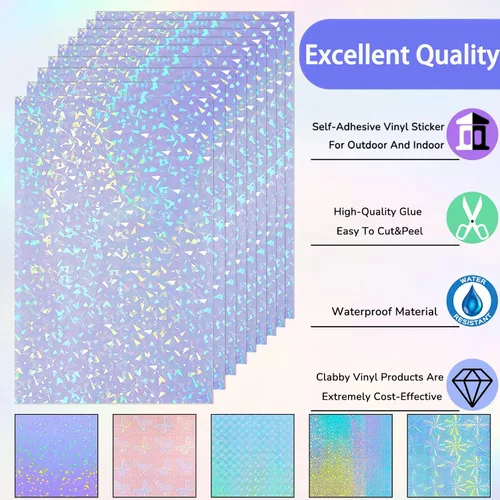 Miniatura 3 de Clabby 36 hojas de papel adhesivo holográfico A4, láminas laminadas holográficas de vinilo, autoadhesivas, impermeables, transparentes, 11.7 x 8.3