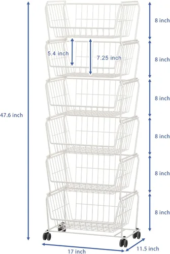 Miniatura 5 de PUSDON Carritos de almacenamiento de metal apilables, estante de doble uso para cocina, cestas de frutas y verduras con ruedas, estante de Blanco