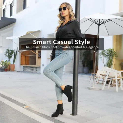 Miniatura 4 de CAMSSOO Botas de tobillo Gogo cortas de gamuza para mujer, botas de tacón bajo y medio, botas con cremallera lateral