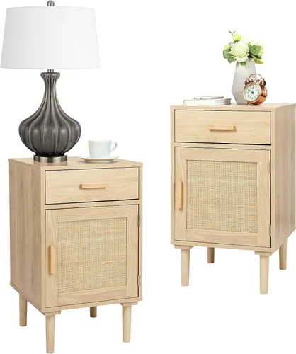 Miniatura 8 de Finnhomy Juego de 2 mesitas de noche altas, mesita de noche, juego de 2 con cajón y estante, puertas decoradas a mano, mesitas de noche con Negro