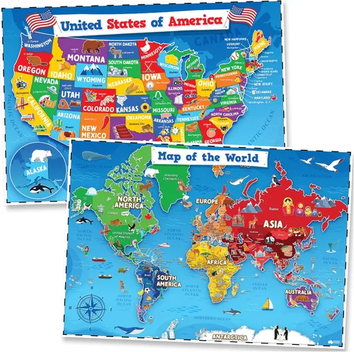 Momo & Nashi Mapa de Estados Unidos para niños y mapas del mundo para niños, juego de 2 piezas – 24 x 16 pulgadas – Carteles impermeables para aula