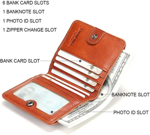 Miniatura 3 de Cartera de cuero con cremallera para hombre, con bloqueo RFID, mini billetera portátil con múltiples ranuras para tarjetas para billetes, marrón