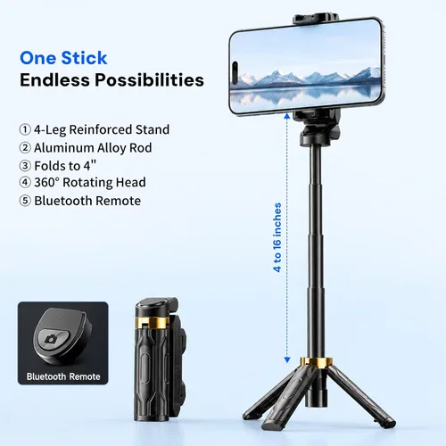 Miniatura 2 de Mini Selfie Stick Tripod, 4" Pocket-Sized Selfie Stick with Bluetooth Remote, 4-Leg Reinforced Stand, 360° Rotation, 3.8 oz Lightweight for