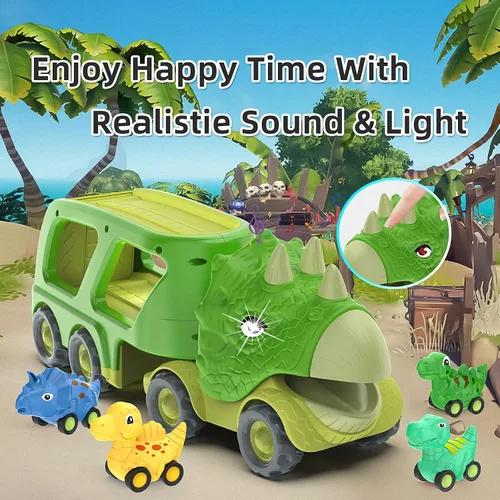 Miniatura 6 de Juguetes de dinosaurio para niños de 2 a 4 años, camión transportador de automóvil de dinosaurio con 4 autos de dinosaurio de tracción hacia atrás