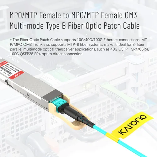 Miniatura 2 de Cable de fibra MPO a MPO de 3.3 pies / 1 M, conectores Nissin Japón, cable de conexión de fibra OM3 tipo B de 8 núcleos para QSFP+transceptores MTP