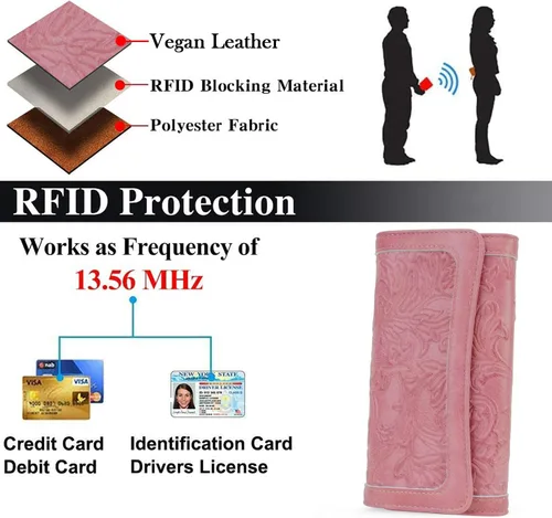Miniatura 43 de MEITRUE Cartera de cuero para mujer, con bloqueo RFID, triple pliegue, con relieve, soporte para tarjetas, organizador de chequera para teléfono