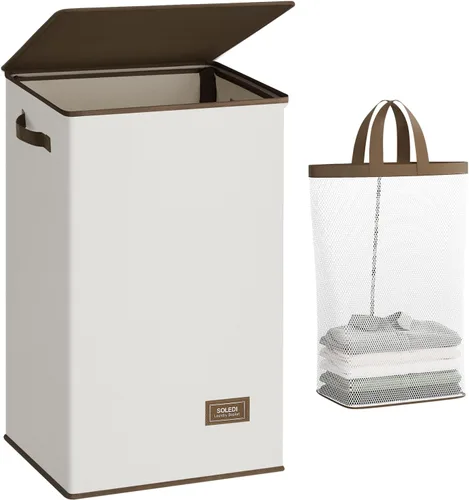 Miniatura 12 de SOLEDI - Canasta de lavandería con tapa de 100L, canasta de ropa plegable grande y alta, cesta de lavandería con bolsa removible fácil
