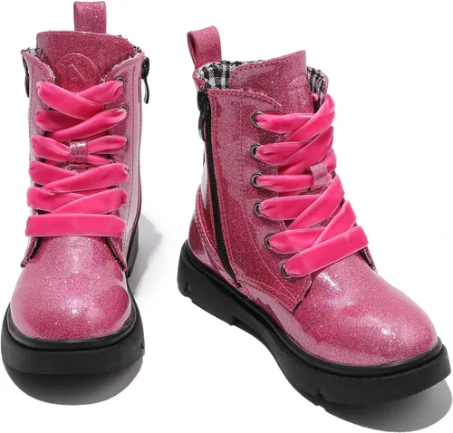 DADAWEN Botas de tobillo con purpurina para niños y niñas, zapatos de combate impermeables con cremallera lateral para niños pequeños, niños grandes