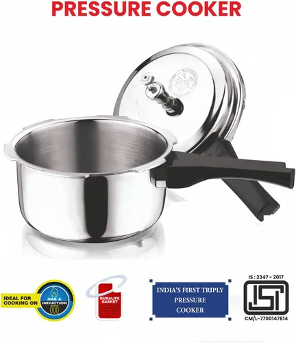 Miniatura 5 de Vinod Platinum Triply - Olla a presión de acero inoxidable de triple capa con tapa exterior - 68 onzas, apta para inducción, certificada ISI, olla a