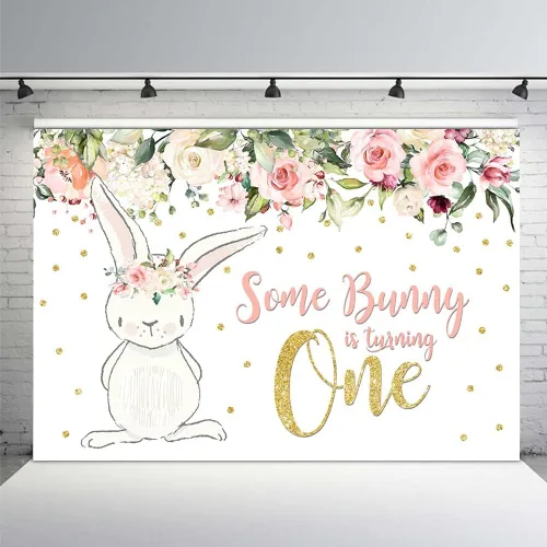 Miniatura 9 de MEHOFOTO - Telón de fondo para fiesta de cumpleaños de 8 x 6 pies, diseño floral rosa con purpurina dorada con texto en inglés "Some Bunny One Girl