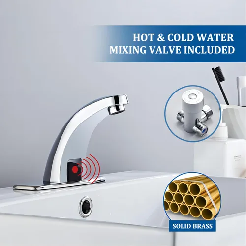 Miniatura 3 de Grifo de lavabo de baño sin contacto con sensor de movimiento automático, manos libres, grifos comerciales cromados con válvula mezcladora