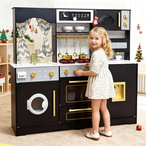 Miniatura 2 de Cocina de juego de madera con luz y sonido, fregadero de juguetes y dispensador de agua con agua corriente, juego de cocina grande para niños Negro