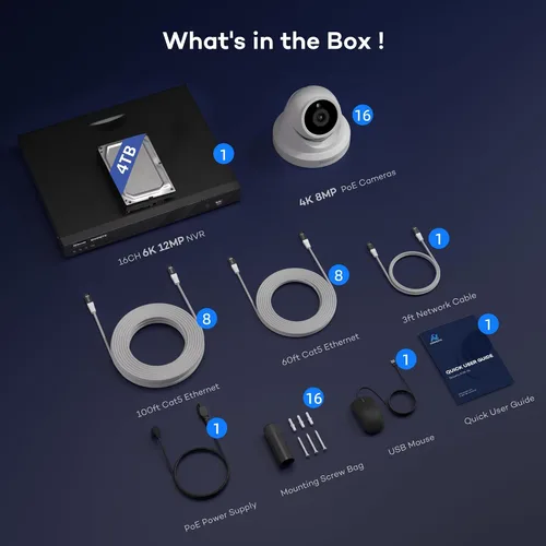 Miniatura 9 de Onwote - Sistema de cámara de seguridad de 16 canales 4K PoE, NVR comercial de 12MP 16CH 4TB, 16x cámaras IP exteriores de 8MP con audio de 134°