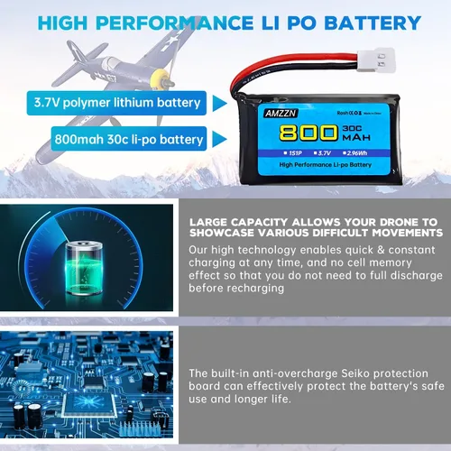 Miniatura 5 de 2 baterías Lipo de 3.7 V 800 mAh 30C con cable de carga USB, enchufe Molex para SYMA X5C X5SW H5C V931 U45W SS40 RC Drone compatible con la mayoría