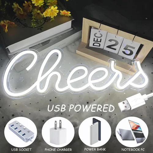 Miniatura 4 de Letrero de neón Cheers para decoración de pared, letrero de luz de neón LED para bar, letrero de neón USB alimentado para decoración de pared