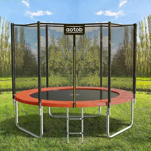 Miniatura 9 de AOTOB Trampolín de 8 pies, 10 pies, 12 pies, 14 pies, 15 pies, con red de seguridad, trampolín para exteriores con aro de baloncesto, alfombrilla