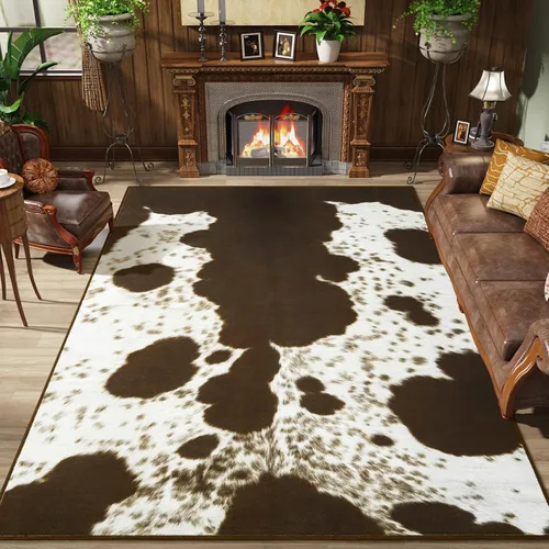 Amearea Alfombras de piel de vaca sintética para sala de estar, 4 x 6 pies, lavables a máquina, alfombra de área con estampado de vaca para