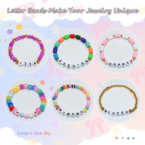 Miniatura 5 de Amaney - 1600 piezas, cuentas de letras acrílicas de 4 x 7 mm, blancas, A-Z, 31 estilos para hacer joyería, pulseras, collares, llaveros Blanco