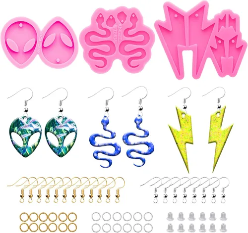 Kit de 103 moldes de resina para aretes, 3 moldes de silicona para joyería de resina, moldes de fundición epoxi con ganchos para aretes para aretes