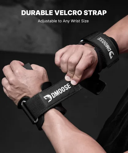 Miniatura 7 de DMoose Fitness Ganchos de levantamiento de pesas (par) para peso muerto, dominadas, remo y encogimientos de hombros – Correa de nailon Gris
