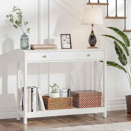 Miniatura 10 de Mesa de consola Treocho Espresso con cajón y estantes de almacenamiento, mesa de sofá estrecha para entrada, sala de estar, pasillo